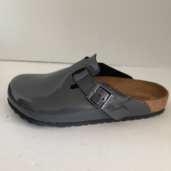 Birkenstock Boston Clogs EU41 Gray Patent Leather Cork Footbed Slip-On Germany - Picture 1 of 16